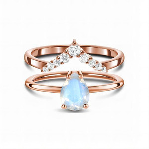 Rose Gold Plated Moonstone Engagement <b>Ring</b> With Pave Diamond Accent Women's Romantic Style Fine Jewelry - Product Image 1