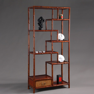 Chinese Retro Style Red Bamboo Display Shelf Big Size Tea Room Cabinet <b>Bookcase</b> <b>Solid</b> <b>Wood</b> Storage Unit - Product Image 3