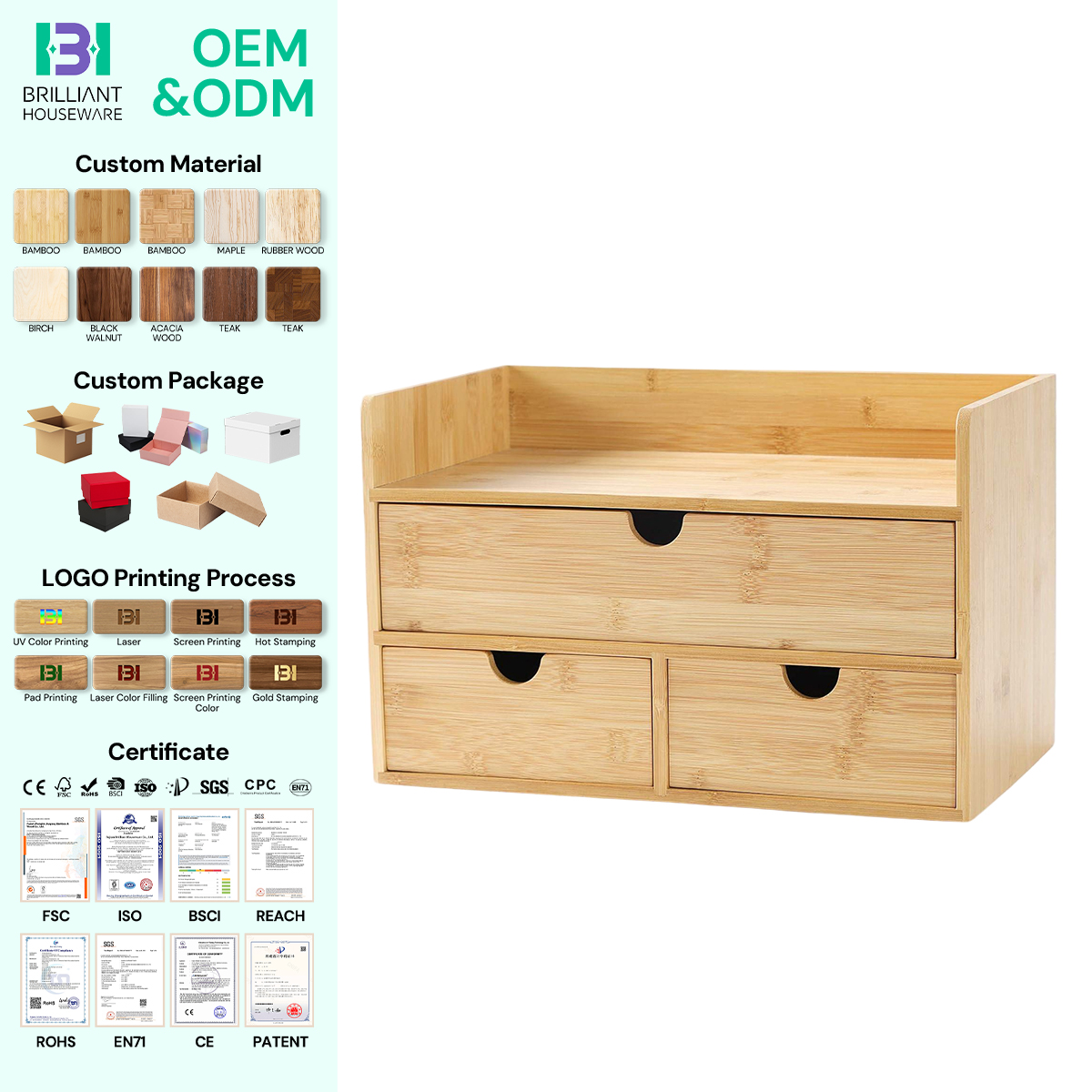 BH Bamboo Desk Drawer Organizer With Drawers Tabletop Storage Organization Box For Office Home Toiletries Supplies Vanity