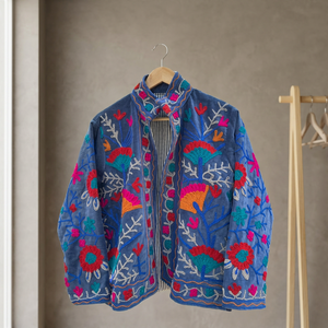 Handmade Velvet Printed Breathable Eco-Friendly Winter Quilted Short Jacket | Boho Bomber Suzani Coat - Product Image 3