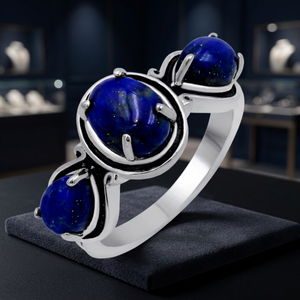 Gourik Women's <b>Lapis</b> <b>Lazuli</b> 925 Sterling Silver Statement <b>Ring</b> Handmade Vintage Three Stone Wedding Setting Jewelry - Product Image 2