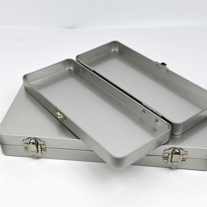 Custom Recyclable Eco-Friendly Long Rectangle Matte Silver <b>Metal</b> Tin <b>Box</b> Hinge Lock Latch Pen Tool Stationery Gift Set Storage - Product Image 4