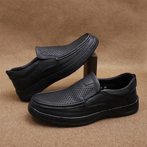 Mocassins d'été en cuir pour hommes, bout rond, semelle extérieure en caoutchouc, doublure en peau de porc, respirants, à enfiler, pour le bureau et les occasions habillées - Product Image 1