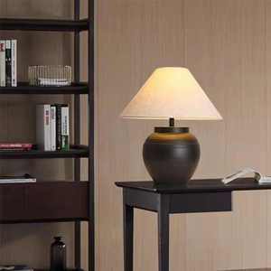 Hot Sale Terra-cotta Water Jug <b>Table</b> Lamp with Mottled Beige and Weathered Black Base Vintage Wabi Sabi Fabric Ceramic Lamp - Product Image 6