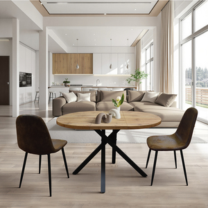Nada Round <b>Dining</b> <b>Table</b> <b>Rustic</b> Oak Melamine Top Metal Base Indoor Use - Product Image 2