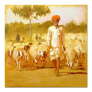 砂漠のシーンの壁の装飾キャンバス伝統的なラジャスタニインドの羊飼いの芸術絵画