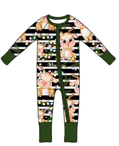 Impresión navideña de sonrisa personalizada en pijamas de bambú para bebé con footie y cubiertas de mano pijamas de bambú para niños pequeños