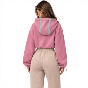 Women Cropped <b>Sherpa</b> Hoodie Reflective Stripe Pullover Soft Fleece Teddy <b>Hoodies</b> Streetwear Custom Crop <b>Hoodies</b> Manufacturing - Product Image 3