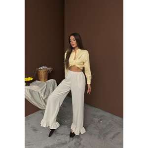 Pantalones de Lino Beige para Mujer, Corte Recto, Cintura Media, Dobladillo con Volantes, Transpirables - Product Image 4