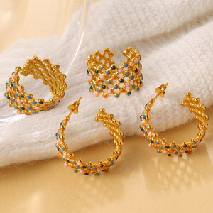 Pendientes de Aro en Forma de C, Estilo Europeo Americano, Retro, Coloridos, Huecos, Juego de Joyería Dorada, Diseño Geométrico, para Fiestas - Product Image 2