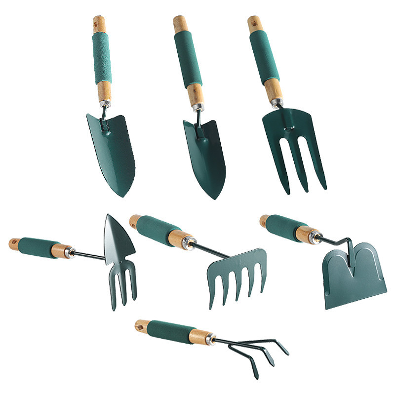 Vente chaude 7 pièces robustes A3 en acier au carbone outils de jardinage Kits d'outils à main avec manche en bois