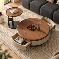 Table basse ronde avec tiroirs en forme d'éventail, plateau en bois grainé sur base crème, facile à nettoyer et durable, meubles modernes pour salon