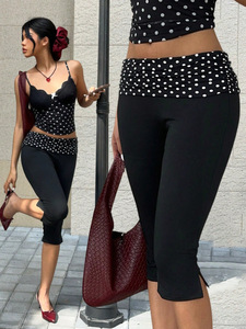 Pantalones de Moda para Mujer Factory 2026, Negros con Parches de Puntos, Cintura Alta, Elásticos, Ajustados, Tipo Leggings Capri - Product Image 2