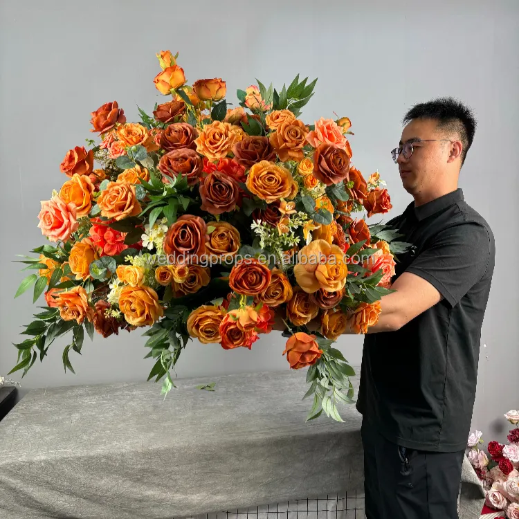 Fleurs de soie orange pour mariage, boules de roses, fleurs artificielles, centres de table pour mariage