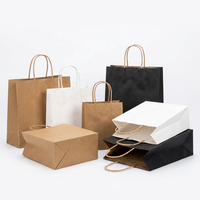 Sacs en papier kraft recyclé brun avec poignées, personnalisables avec logo, pour la vente à emporter, les courses et l'emballage alimentaire, disponibles en blanc et brun