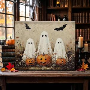 Linda Lienzo Decorativo de Pared con Diseño de Fantasma, Calabaza y Murciélago, Estilo Vintage de <span class=keywords><strong>Pintura</strong></span> al Óleo, Impresión Enmarcada para Decoración del Hogar, Ideal para Halloween - Product Image 2
