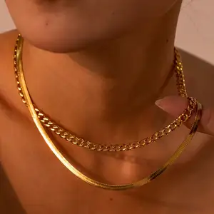 Wholesale Fine hip-hop Stainless Steel Jewelry 18K Gold Plated Double Layer Chain Necklaces