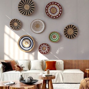 Panier mural rond en bambou tressé Art Déco, thème plantes/fleurs colorées, ensemble de décoration <span class=keywords><strong>murale</strong></span> - Product Image 3