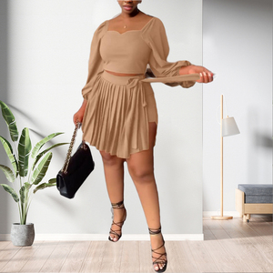 New Design Casual Slit Sleeve Crop Top Pleated Lace up Skirt 2 Piece <b>Set</b> Women Fashion - Product Image 5