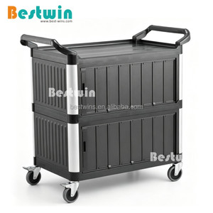 Chariot de service en plastique noir pour <span class=keywords><strong>restaurant</strong></span>, hôtel, service en chambre, chariot utilitaire fermé avec porte coulissante pliable - Product Image 2