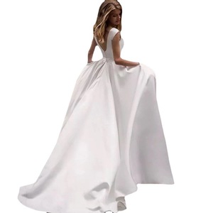 Wedding Dress A-Line Satin O-Neck Natural Waist White Ivory Simple Fashion Travel Photography Style - Product Image 3
