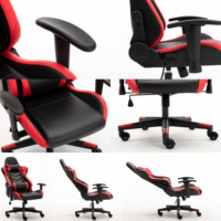 Chaise de jeu ergonomique à dossier haut Ruibao - Design industriel rouge et noir, style course, pivotante, inclinable, avec support lombaire extensible en PU