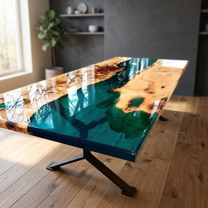 Table à manger en résine époxy artisanale |   Table en bois massif et résine |   Taille et couleur personnalisées |   Meubles de luxe modernes - Product Image 3