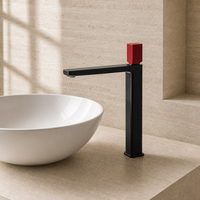 Keran Wastafel Kamar Mandi Hitam Poles, Tuas Tunggal, Tinggi, Model Vessel Sink, Terpasang di Dek, Inti Katup Keramik Merah