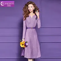 Robe trapèze FMY 66121 originale en tweed violet vintage à col en V et taille empire pour femme, collection automne/hiver, style rétro haut de gamme