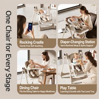 Chaise haute réglable pour bébé avec plateau, harnais de sécurité, siège rembourré et roulettes, pliage en un clic pour transformer en chaise berçante