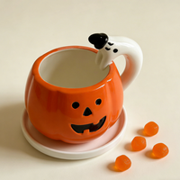 Nouvelle Tasse à Café en Céramique Citrouille Halloween 2026 avec Poignée Fantôme 3D - Design Jack-O'-Lantern, Vaisselle d'Automne Compatible Lave-Vaisselle et Micro-ondes