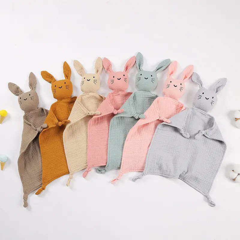 Diskon besar selimut bayi katun 100% kelinci Muslin Lovey mainan selimut bayi keamanan untuk tidur bayi