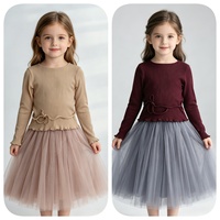 Ensemble 2 pièces pour filles, couleur unie, haut en tricot côtelé à manches longues, jupe en tulle moelleuse, ensemble de robe de princesse pour enfants pour les fêtes