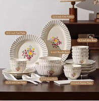 Service de vaisselle en céramique de style français, motif floral vintage sous glaçure, luxe léger, comprenant bols et assiettes