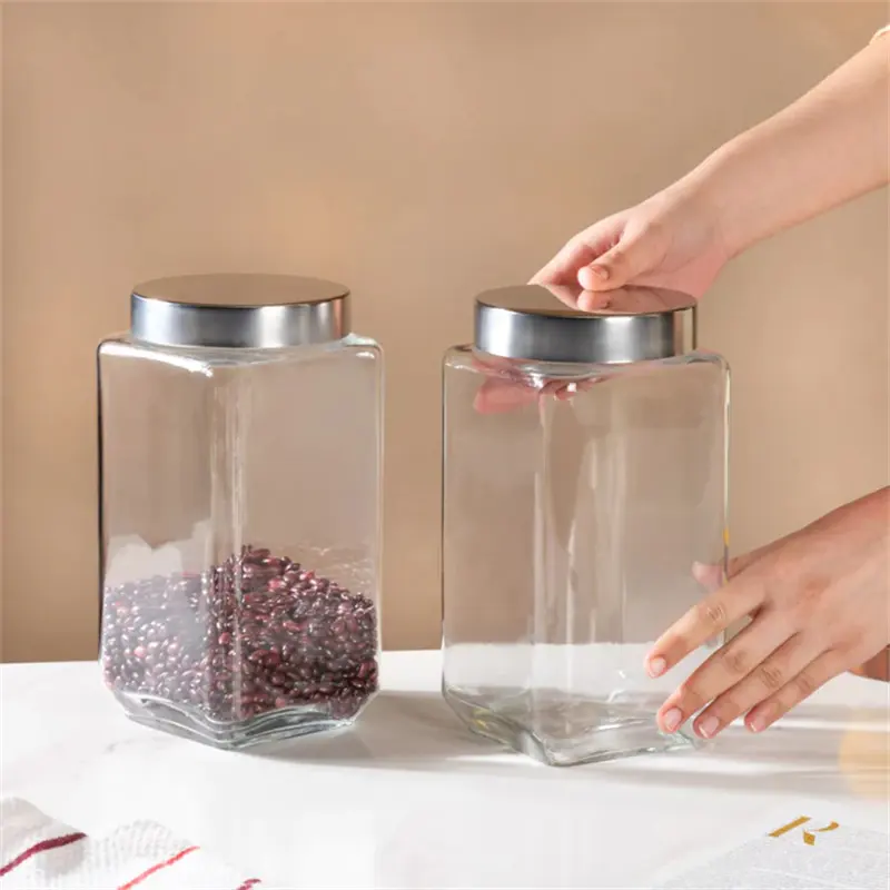 800ml 1200ml 1500ml 2000ml Tarro de almacenamiento de vidrio transparente cuadrado Contenedor hermético con tapa de metal Botes de cocina