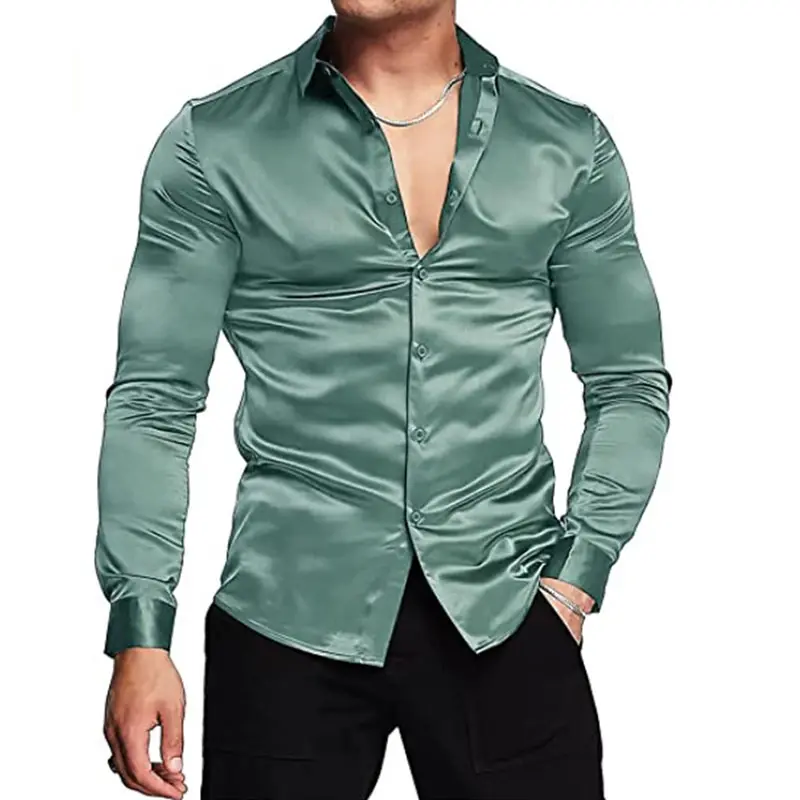 Rnshanger Camisa masculina de cetim de seda brilhante luxuosa de manga comprida camisa slim casual com botões para festas de negócios camisa slim fit