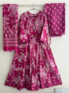 <b>Pink</b> Floral Cotton <b>Salwar</b> <b>Kameez</b> Set Women Modern Regular Fit Length Casual Summer Party Wear India Pakistan Style Quick Dry - Product Image 1