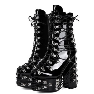 Botines de tacón alto y grueso con plataforma y cordones cruzados de charol para mujer, talla grande 47, con hebillas metálicas y ajuste ancho - Product Image 1