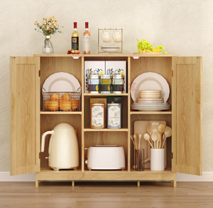Armoire <span class=keywords><strong>de</strong></span> rangement avec 4 étagères réglables, buffet <span class=keywords><strong>de</strong></span> couleur naturelle pour <span class=keywords><strong>cuisine</strong></span>, salon, entrée - Product Image 4