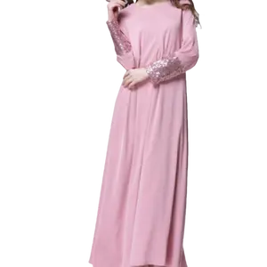 비용 효과적인 저렴한 가격 O 넥 단색 스팽글 소매 겸손 원피스 두바이 아랍어 이슬람 여성 가운 abaya cabaya jellabaya