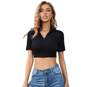 Wholesale T Shirt Woman Summer Embroidery Fashion Rib Strip Short Zipper Cardigan Women Crop Top T Shirts