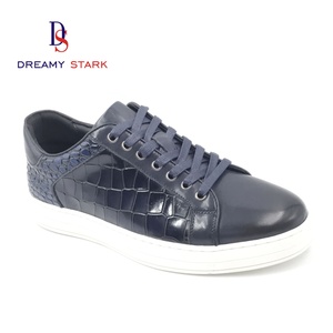 Luxury Navy Blue <b>Leather</b> Sneakers for <b>Men</b>, Handcrafted Embossed Casual <b>Trainers</b> with Comfortable Insole - Product Image 1