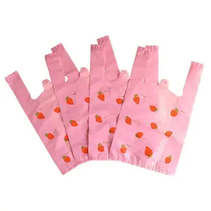 귀여운 핑크 조끼 딸기 비닐 봉투 쇼핑 의류 운반 테이크 아웃 포장 가방 액세서리 선물 가방