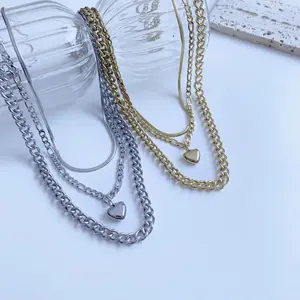 不锈钢简约时尚14k镀金钛钢项链套装饰品长十字回形针古巴链双颈