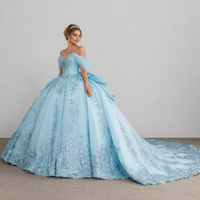Robes de Quinceañera bleu clair, style robe de bal épaules dénudées, luxueuses, perlées, pour Sweet 16, en dentelle scintillante, robe de débütante pour soirée