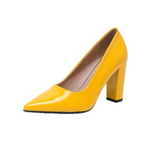 Sleek <b>Closed</b> Pointed <b>Toe</b> Women Heeled Shoes Vivid Yellow Patent Surface Robust Wide Block <b>Heel</b> Simple Streamlined Silhouette - Product Image 6
