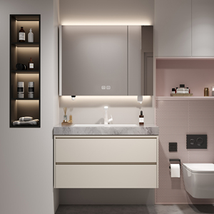 Meuble-lavabo de salle de bain avec vasque simple/double personnalisable, meuble-lavabo mural en bois massif de 36 à 92 pouces avec <span class=keywords><strong>miroir</strong></span> intelligent anti-buée - Product Image 1