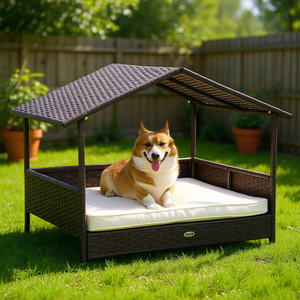 Cama Elevada para Perros de Mimbre Sintético para Exteriores con Toldo, Colchoneta Acolchada para Dormir, Rectangular, para Todas las Estaciones, Lavable a Mano - Product Image 2