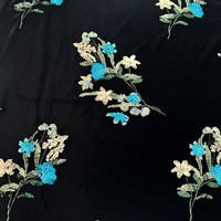 Tissu brodé de fleurs à sequins bleus étincelants, dentelle noire de luxe en maille pour robe de soirée, tenue de scène