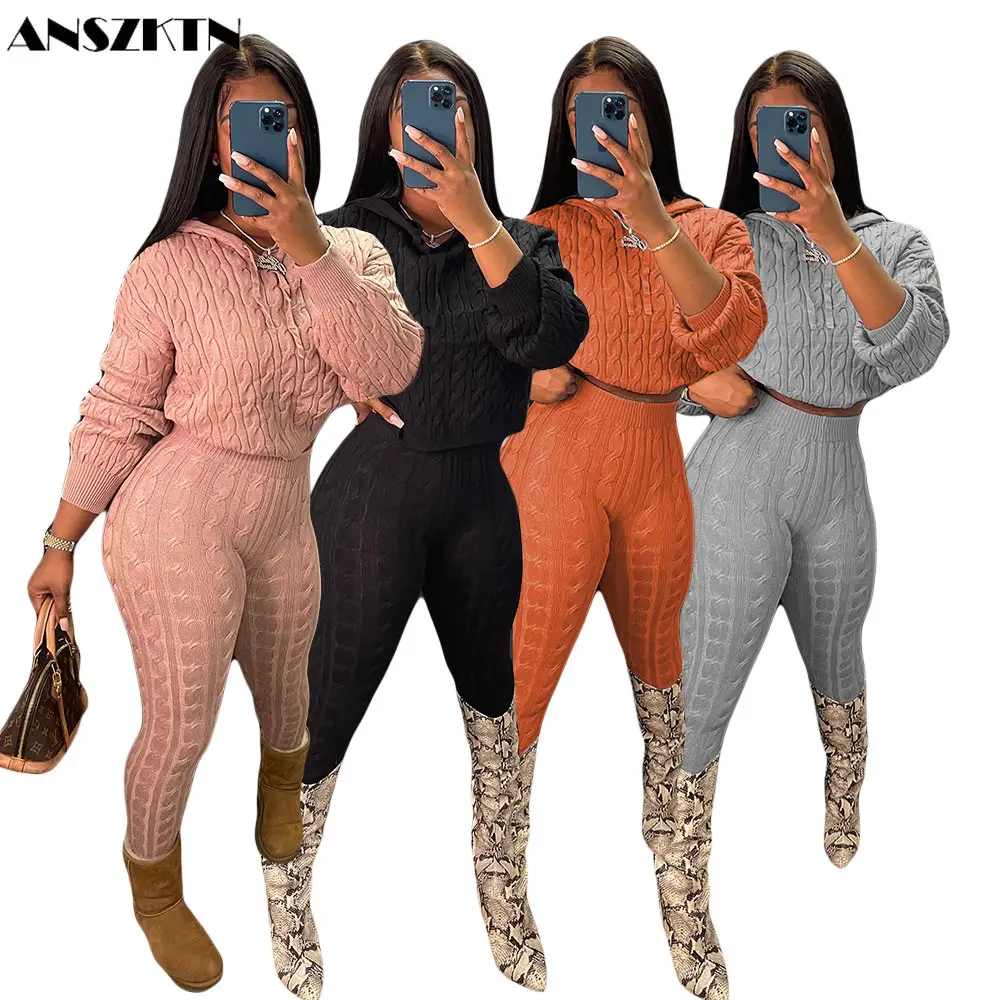 Женские зимние шерстяные костюмы ANSZKTN, однотонные комплекты свитеров с капюшоном, вязаные комплекты, Женский комплект из 2 предметов
